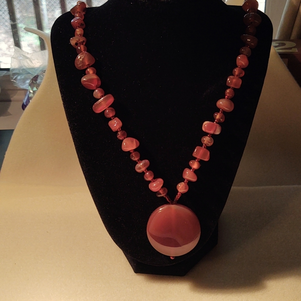 Carnelian natural stone pendant with  glass beads